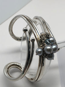 Fabulous Find Sterling Silver Cuff Bracelet w/Pearl and Topaz Dangles