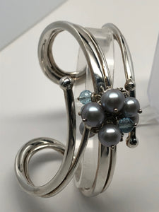 Fabulous Find Sterling Silver Cuff Bracelet w/Pearl and Topaz Dangles
