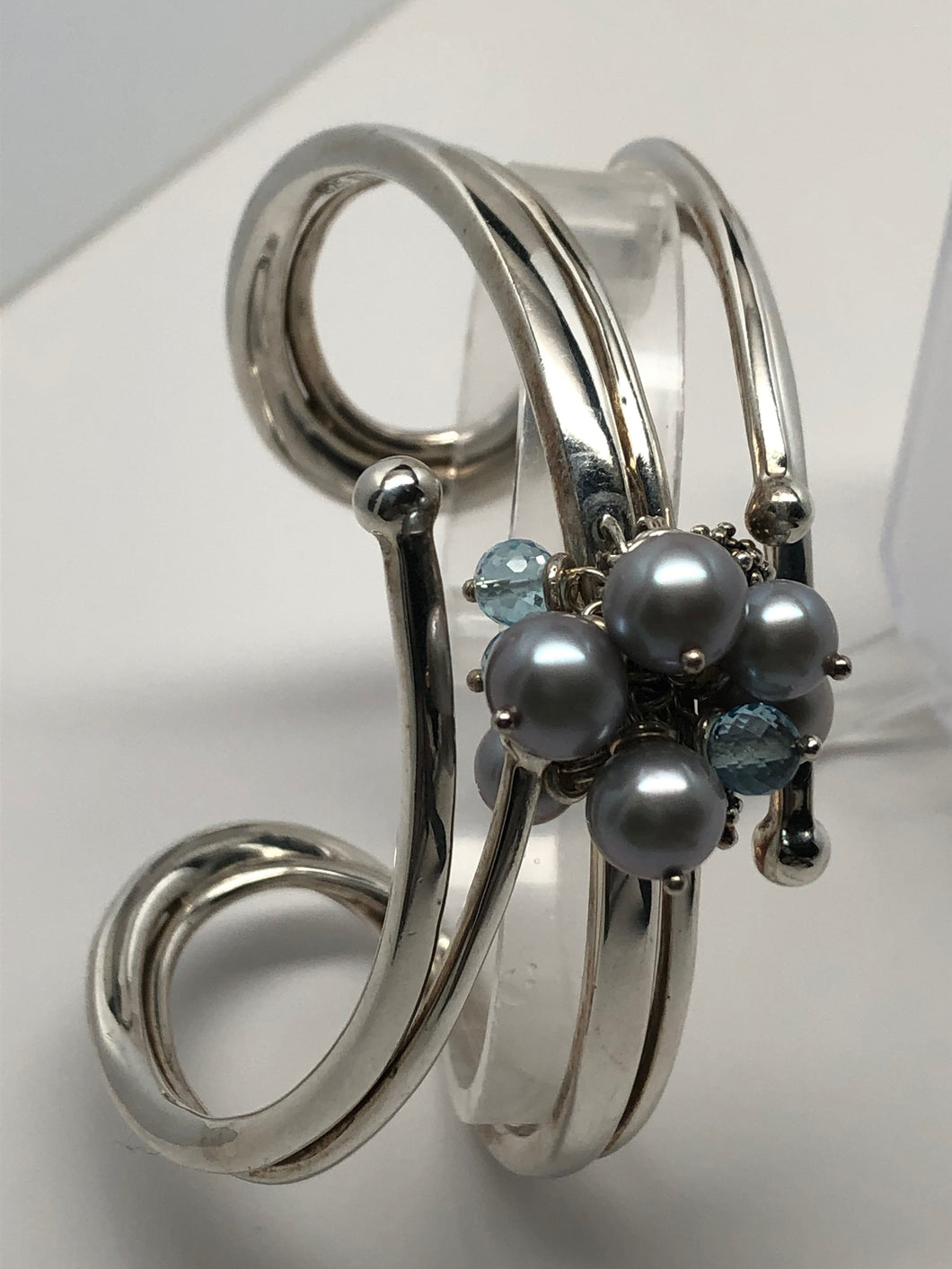 Fabulous Find Sterling Silver Cuff Bracelet w/Pearl and Topaz Dangles