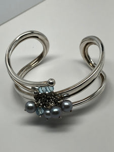 Fabulous Find Sterling Silver Cuff Bracelet w/Pearl and Topaz Dangles