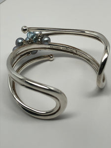 Fabulous Find Sterling Silver Cuff Bracelet w/Pearl and Topaz Dangles